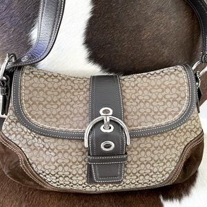 Unique Coach shoulder bag, small signature dark brown canvas with suede accents